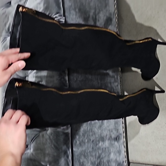 Black Velvet Peep Toe Above Knee Heel Boots - Picture 4 of 7